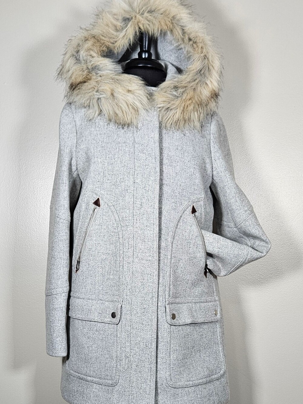J.Crew Stadium Cloth Nello Gori Grey Wool Coat Removable Hood Zip Snap Front 10